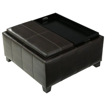 Contemporary Storage Ottoman, Brown Faux Leather Upholstery & Flip Over Tray Top