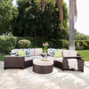 Mia Outdoor 4-Seater Wicker Curved Sectional Set With Wedge Tables, Beige, Round Ottoman