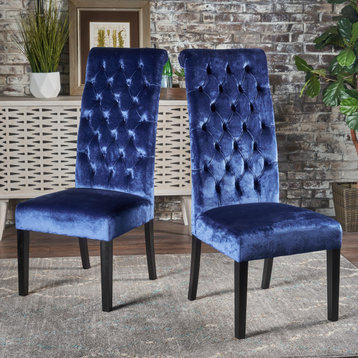 GDF Studio Leona Tall Back Tufted New Velvet Dining Chairs, Set of 2, Navy Blue