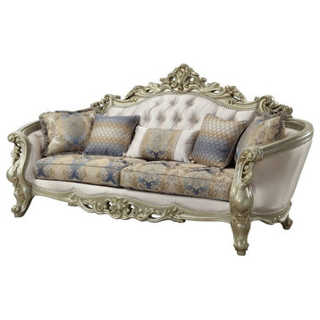 ACME Gorsedd Sofa with 5 Pillows in Cream Fabric and Golden Ivory