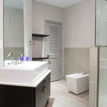 Basement Spa with Modern Vanity and Square Toilet