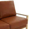 LeisureMod Jefferson Faux Leather Design Loveseat With Gold Frame Cognac Tan