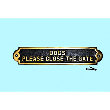 Renovators Supply Solid Brass Dog Sign Plate "DOGS PLEASE CLOSE THE GATE" Plaque