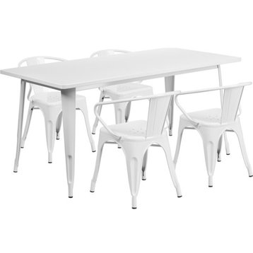31.5''x63'' Rectangular Metal Indoor Table Set with 4 Arm Chairs, White