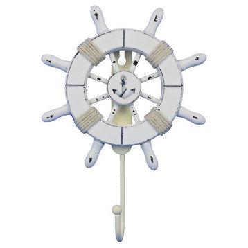 Rustic All White Decorative Ship Wheel With Anchor With Hook 6'', Wooden Wheel