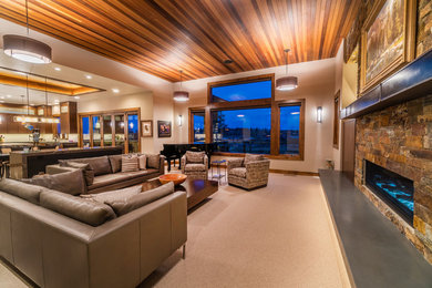 Large trendy formal and open concept living room photo in Other with gray walls, a ribbon fireplace, a stone fireplace and no tv