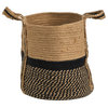 13" Boho Chic Basket Natural Jute Basket Planter, Black & Natural W/ Handles