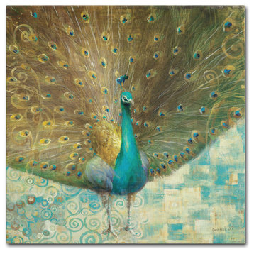 'Teal Peacock on Gold' Canvas Art by Danhui Nai