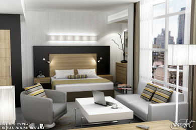 Minimalist master porcelain tile bedroom photo in Other with white walls