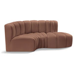 Meridian Furniture - Arc Vegan Leather Upholstered 3-Pc. S-Shaped Modular Sofa, Cognac - Unleash modern opulence with the Arc Vegan Leather 3pc. Sectional. Crafted for the modern connoisseur, this Sectional injects an air of refined luxury into any space. Its sleek silhouette, upholstered in supple cognac vegan leather, exudes timeless sophistication while the deep channel tufting adds textural intrigue, further elevating the chair's visual appeal. The modular design makes it a versatile chameleon, effortlessly adapting to your evolving needs and preferences. Whether you envision it gracing a chic living room corner, basking in the glow of a bedroom window, or adding a touch of drama to a home office, the Arc seamlessly complements your unique interior aesthetic.