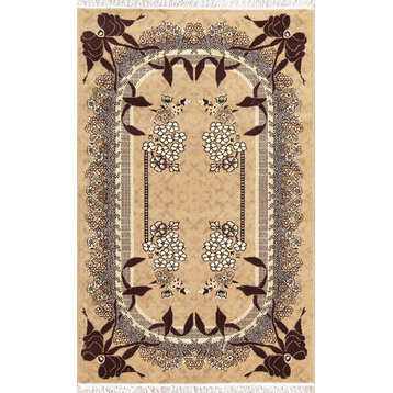Traditional Floral Modern Oriental Turkish Area Rug, Brown, 7'0"X5'4"