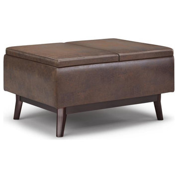 Pemberly Row Mid-Century 34" Faux Leather Coffee Table in Distressed Brown