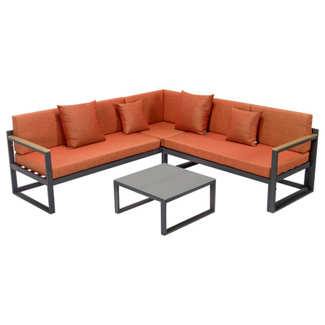 LeisureMod Chelsea Modern Black 3 Piece Outdoor Aluminum Sectional Set for Patio, Orange