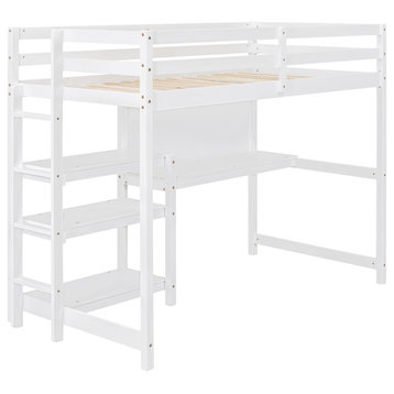 Gewnee Twin Size Wooden Loft Bed with Shelves in White