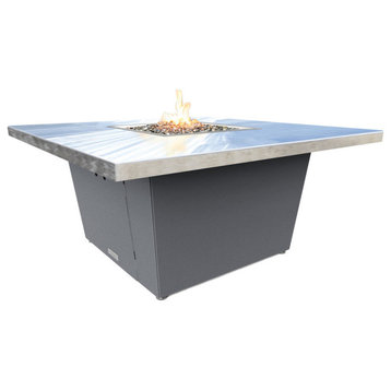 Square Fire Pit Table, 44x44, Chat Height, Propane, Brushed Aluminum Top, Gray