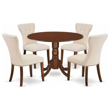 5-Piece Dining Set, Round Table, 4 Parson Chairs, Light Beige Seat, Mahogany