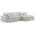 Meridian Furniture - Comfy Upholstered L-Shaped Modular Sectional, Cream, 4-Piece: 1 Armless Chair, 2 Corner Chair, 1 Ottoman, Linen Textured Fabric - Give your space a whole new look with this cream Comfy linen textured fabric sectional. This handsome sectional fits nicely with other items in the Comfy collection and is a versatile seating option designed for adaptability, comfort and style. Wrapped in rich cream durable linen textured fabric upholstery, this sectional offers a plush embrace of overstuffed down feather cushions, carefully crafted to deliver the highest level of comfort. The perfect seat for creating an oasis for relaxation, this sectional has thick foam surrounding its frame for added support and coziness.