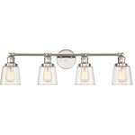 Quoizel - Quoizel UNI8604PK Four Light Bath Fixture Union Polished Nickel - With its industrial chic design, it doesn`t get any better than the Union Bath Collection. The simplicity of the backplate further enhances the knob details and it`s all finished in a sleek Polished Nickel. The light tint of the champagne glass adds a touch of nostalgia to this great series. (Please note that the vintage bulbs are not included but are available for purchase.)