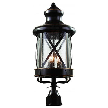 Three Light Rubbed Oil Bronze Clear Seeded Glass Post Light