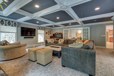 Living room - transitional open concept carpeted and multicolored floor living room idea in Other with a wall-mounted tv