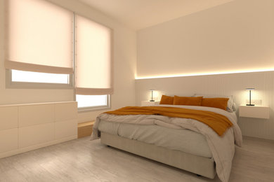 Mittelgroßes Skandinavisches Hauptschlafzimmer mit weißer Wandfarbe und hellem Holzboden in Barcelona