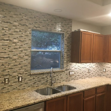 Kitchen Backsplash - Linear Mosaic and Glass with Santa Cecilia Granite Counter