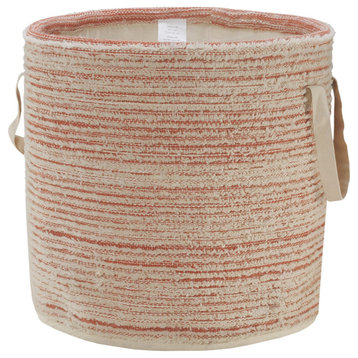 Textured and Distressed Cotton Storage Basket, Coral/White