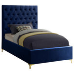 Meridian Furniture - Cruz Velvet Upholstered Bed, Navy, Twin - Revamp your bedroom space with this sumptuously crafted Cruz twin bed from Meridian furniture. The star of the show here is the headboardits tufted with deep button tufts that not only keep its thick padding in place and aloft, but also add a modern, textural look to your space. Sleek navy velvet upholstery feels luxuriously upscale to the touch, and the high headboard and the minimalist platform frame with metal feet add a timelessly contemporary silhouette to your space.