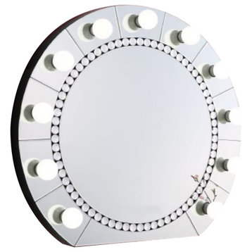 Benzara BM274652 Round Lighted Mirror, 11 Bulb Sockets, Faux Diamonds, Silver