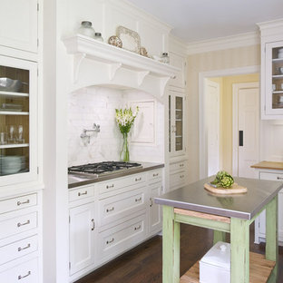 Klassische Küche mit Glasfronten, Küchengeräten aus Edelstahl und Edelstahl-Arbeitsplatte in Charlotte