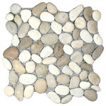 CNK Tile - Java Tan and White Pebble Tile - Each pebble is carefully selected and hand-sorted according to color, size and shape in order to ensure the highest quality pebble tile available. The stones are attached to a sturdy mesh backing using non-toxic, environmentally safe glue. Because of the unique pattern in which our tile is created they fit together seamlessly when installed so you can't tell where one tile ends and the next begins!