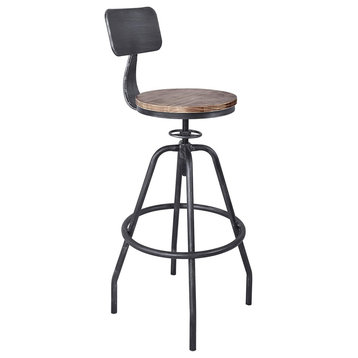 Industrial Bar Stool, Grey Finished Metal Frame With Adjustable Pine Wooden Seat