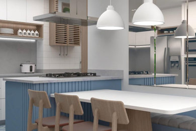 Foto di una piccola cucina moderna in acciaio con ante lisce, ante in legno chiaro, top in laminato, paraspruzzi grigio, pavimento in cementine, pavimento blu, top grigio e soffitto ribassato