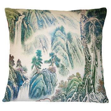 Blue Chinese Landscape Painting Floral Throw Pillow, 18"x18"