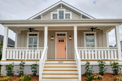 Small arts and crafts gray one-story concrete fiberboard exterior home photo in Wilmington with a shingle roof