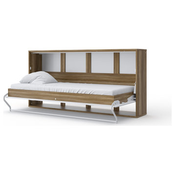Contempo Horizontal Wall Bed, European Full Size with a cabinet on top, Oak