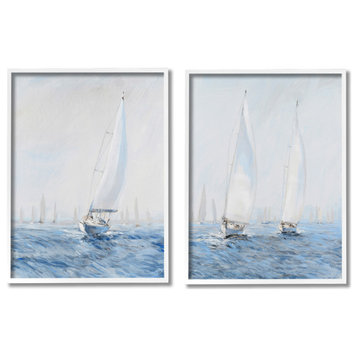 Serene Sailboats Floating Cloudy Sea Sky Painting, 2pc, each 11 x 14