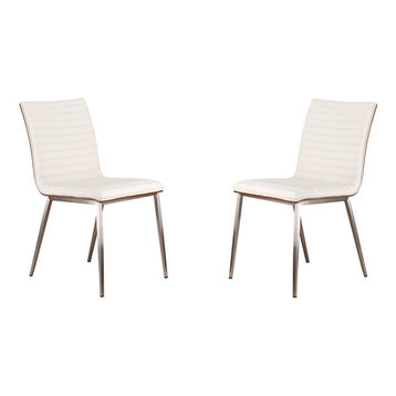 Cafe Brushed Stainless Steel Dining Chairs With Walnut Back, Set of 2, White