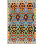 Bareens Designer Rugs - Bohemian Turkish Kilim Zane Hand-Woven Wool Rug - 3'3'' x 5'0'' - Elevate the elegance of your home with this stunning hand-woven tribal Kilim wool rug. Meticulously crafted on a loom by the Nomad Turkman people using hand-spun wool and 100% natural vegetable dyes, these rugs are recognized for their repetitive geometric patterns, incorporating naturalistic floral and traditional designs. The contemporary fashion palette results in bold, sharp patterns that are incredibly versatile, as the pattern is the same on both sides. These reversible rugs feature a lighter shade on one side and brighter colors on the other, providing versatility according to preference. These unique rugs are made by knotting short strands of different colors onto the warps and securing them by tightly pressing the wefts. The designs are created by interweaving the various colored wefts and warps. Kilims are known for their exceptional durability and versatility, making them truly unique rugs.  Product Details    Rug Size: 3'3'' x 5'0''  Material: 100% Wool  Style: Kilim, Flat Weave, Dhurrie, Turkish, Southwestern, Rustic, Tribal  Colors: Blue, Beige  Weave Type: Hand-Woven, Handmade  Pile Height: Less than 0.25 inch