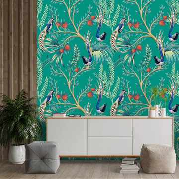 Blue Green Chinoiserie Boho Wallpaper