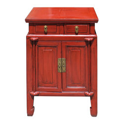 Distressed Oriental Red Solid Wood End Table Nightstand - Nightstands And Bedside Tables