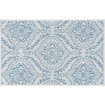 Dionne Transitional Damask Cream/Blue Indoor/Outdoor Scatter Mat, 2'x3'