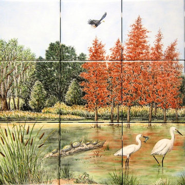 "Snowy Egrets & Copper Red Bald Cypress" kitchen backsplash tile mural