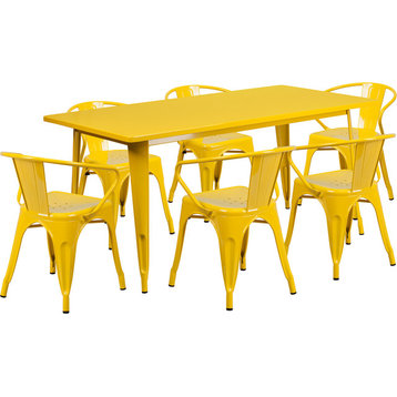 31.5"x63" Rectangular Yellow Metal 6-Piece Table Set Arm Chairs