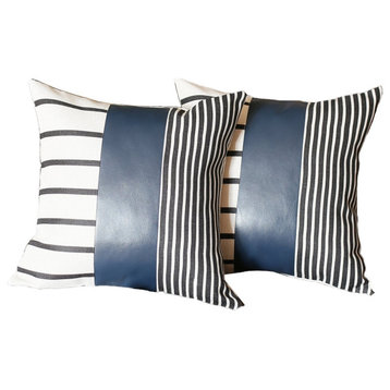 Set Of 2 Monochromic Stripe Ends And Spruce Blue Faux Leather Pillow Covers