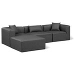 Meridian Furniture - Cube Upholstered Modular Sectional, Grey, 4-Piece: 1 Armless Chair, 2 Corner Chair, 1 Ottoman, Vegan Leather - Elevate your space with the luxurious Cube Vegan Leather Modular Sectional. This modular sectional exudes modern elegance, charm, and comfort making it a perfect addition to any contemporary living space. Its clean lines and cube shape are reminiscent of minimalist design, while the plush charcoal grey vegan leather upholstery adds a touch of luxury and sophistication. The chair's versatile construction and geometric aesthetic seamlessly integrate into various design styles, from sleek living rooms to chic home offices, embodying the essence of modern design and creating a sense of order and tranquility in your space.