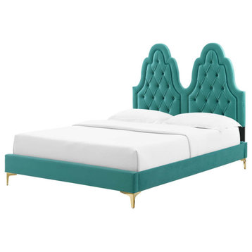 Tufted Platform Bed Frame, King Size, Velvet, Teal Blue, Modern Contemporary