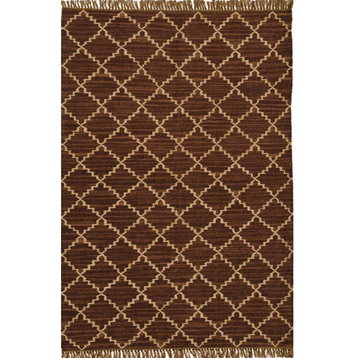Handwoven Jute and Wool Checkered Rug, Brown and Beige, 8'x11'