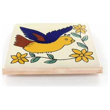 Tierra y Fuego Handmade Ceramic Tile, 4.25x4.25" Bird 1, Box of 45