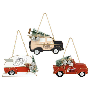 Woody Car Camper and Truck Christmas Holiday Ornaments Set of 3 Wood